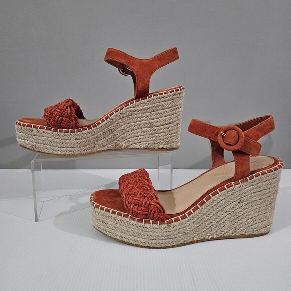 NEW Veronica Beard Reema Sandal Woven Espadrille Wedge Orange Leather - Picture 2 of 13